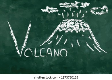 Simple word "V volcano" for memorization. Green board in the classroom for learning. A - Z table.