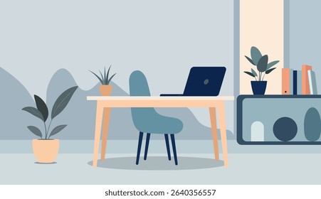 Simple work desk and laptop setup in clean flat style. Modern minimalist vector background