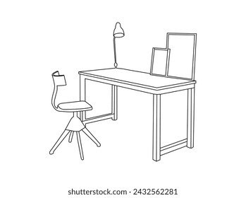 Simple work desk outline icon. Minimalist computer table outline. Modern office table vector, study desk linear. wooden workspace desk for workspace, a modern office armchair in black outlines.