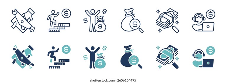 Salario de trabajo simple Recibir pago Icono de ingresos Conjunto de líneas Finanzas Empleado Trabajo Ganar Dólar Billfold Éxito Logro Signos Ilustración vectorial