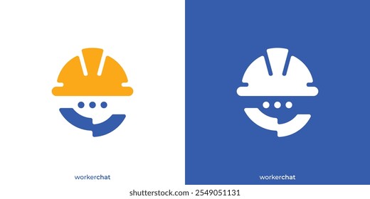 Simple Worker Chat Logo. Helmet Engineer with Abstract Icon Chat, Talk Graphic. Industrial Logo, Icon, Symbol, Vector, Design Template.