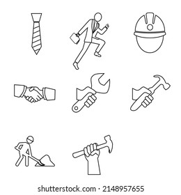 Simple Working Vector Line Icon set. Contains Icons such as Go to work, tie, work helmet, greetings, building tools, hammers, locks, builders, and others. Editable stroke. 