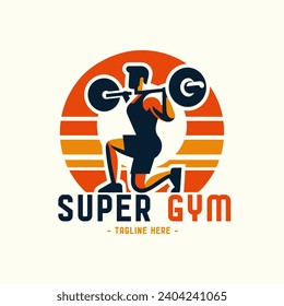 Simple workout GYM vector logo with isolated background.  Illustration of a man lifting weights with "super gym" on it.  Logo concept for a fitness center company