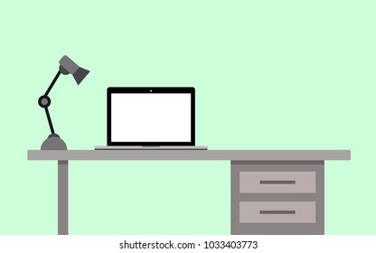 simple workspace, laptop with lamp on the modern table, flat design, vector illustration