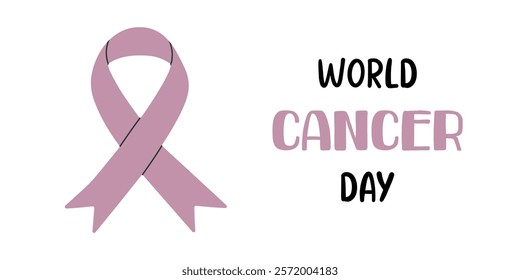 Simple World Cancer Day poster with a lavender awareness ribbon and bold typography. Promotes cancer awareness, support, and global solidarity.