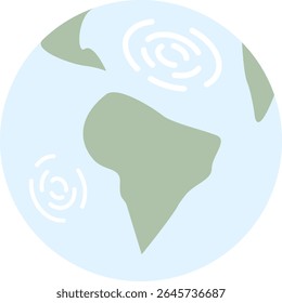 Simple world globe illustration featuring continents and ocean in light, pastel colors, ideal for projects related to travel, geography, or ecology education.