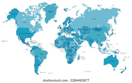 A simple world map with country names colored in blue