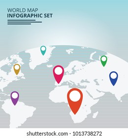 Simple World map info graphic communication template with pointer marks