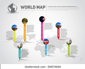 Simple World map infographic communication template with pointer marks, light vector version