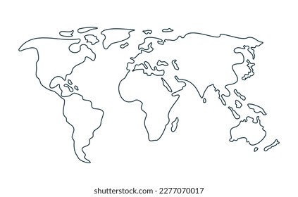 Simple world map in line style. Freehand sketch of the  map on white background. Hand drawn simple stylized silhouette of the continents in minimal line thin shape. Outline world map or sketch. Vector