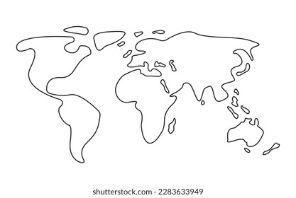 Einfache Weltkarte im Linienstil. Freie Skizze der Karte auf weißem Hintergrund. Handgezeichnete, schlichte Silhouette der Kontinente in minimaler, dünner Form. Umrissweltkarte oder Skizze. Vektorgrafik