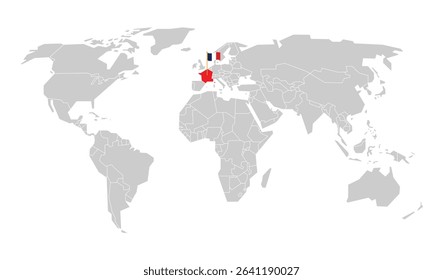 Simple world map showing France location with flag