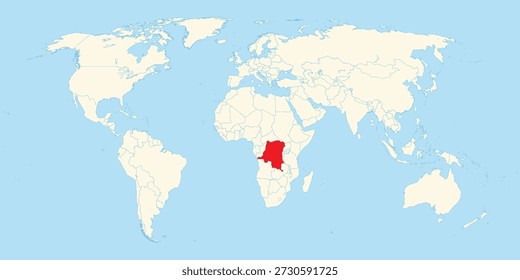 Simple world map showing geographical location of Democratic Republic of Congo highlighted red on African continent
