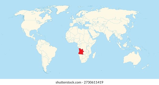 Simple world map showing the geographical location of Angola highlighted in red on African continent territory