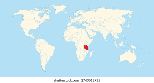 Simple world map showing the geographical location of Tanzania highlighted in red on African continent territory