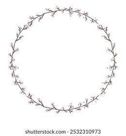 a simple wreath of branches with red holly berries, no leaves. Round frame made of minimalist branches drawn in ink