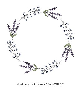 Simple wreath of lavender twigs and wildflowers in doodle style. Isolated object on a white background. Stock vector illustration.