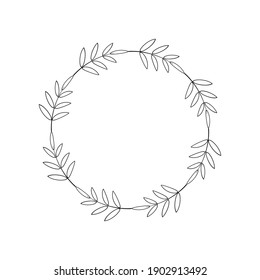 Simple wreath of leaves, linear style. Circle with twigs, black outline, minimal design. Elegant round frame. Design template for logo, tag, invitation, greeting card, label. Symmetrical floral border