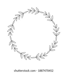 A simple wreath of twigs and leaves. Decorative border in a linear style. Elegant frame for logo, tags, scrapbooking, farmhouse decoration. Vector black illustration isolated on white background.