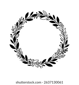 Simple wreath with twigs and leaves of a round shape, black and white. Floral frame, minimalistic design. Plant border made of abstract branches. Vector illustration isolated on white background