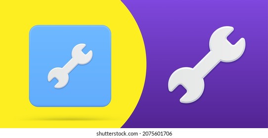 Simple Wrench 3d Icon Squared Button Set Vector Illustration. Spanner Plumbing Service, Building, Engineering, Mechanical Repair, Industrial Work Fixing Setup. Maintenance Development Bolt Direction