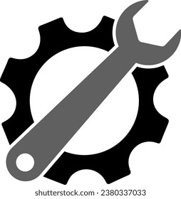 Einfache Schraubenschlüssel und Zahnradsymbol, mit Schatten und weißem Hintergrund.