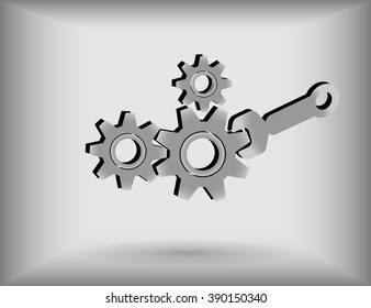 Simple wrench and gear icon, with shadow and grey background.