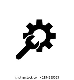 Simple wrench and gear or repair solid black icon. Service station. Trendy flat style isolated symbol, used for: illustration, minimal, logo, mobile, app, emblem, design, web, ui, ux. Vector EPS 10