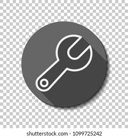 Simple wrench. Linear, thin outline. flat icon, long shadow, circle, transparent grid. Badge or sticker style