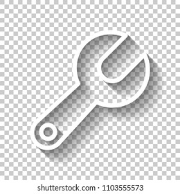 Simple wrench. Linear, thin outline. White icon with shadow on transparent background