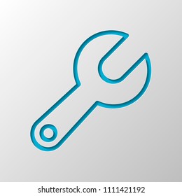 Simple wrench. Linear, thin outline. Paper design. Cutted symbol with shadow