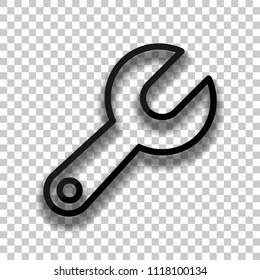 Simple wrench. Linear, thin outline. Black glass icon with soft shadow on transparent background