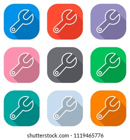 Simple wrench. Linear, thin outline. Set of white icons on colored squares for applications. Seamless and pattern for poster