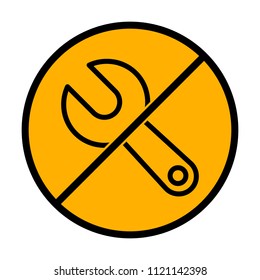 Simple wrench. Linear, thin outline. not allowed, black object in warning sign with orange background color