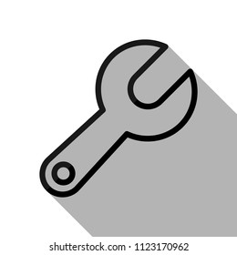 Simple wrench. Linear, thin outline. Black object with long shadow on white background