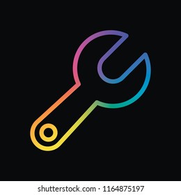 Simple wrench. Linear, thin outline. Rainbow color and dark background