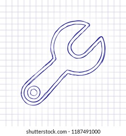 Simple wrench. Linear, thin outline. Hand drawn picture on paper sheet. Blue ink, outline sketch style. Doodle on checkered background