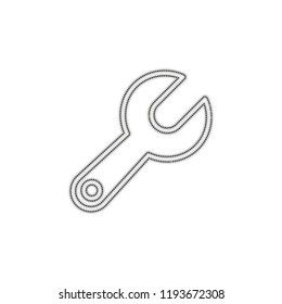 Simple wrench. Linear, thin outline. Dotted outline silhouette with shadow on white background