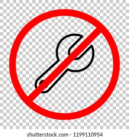 Simple wrench. Linear, thin outline. Not allowed, black object in red warning sign with transparent background