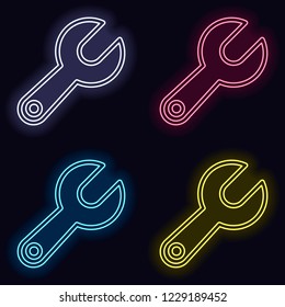 Simple wrench. Linear, thin outline. Set of neon sign. Casino style on dark background