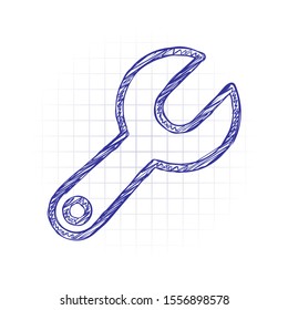 Simple wrench. Linear, thin outline. Hand drawn sketched picture with scribble fill. Blue ink. Doodle on white background