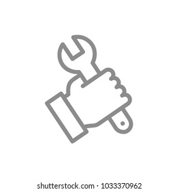 Simple wrench, spanner in hand line icon. Symbol and sign vector illustration design. Isolated on white background