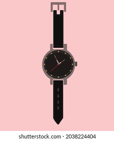 A SIMPLE WRIST WATCH WITH BLACK BAND AND A BEAUTIFUL AND ELEGANT DIAL svg