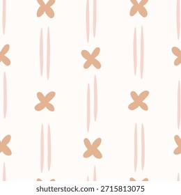 Flores simples de cuatro pétalos con líneas paralelas, formando un patrón de rayas florales minimalistas en colores marrón y rosa sobre fondo beige. Abstractas patrón de Vector sin costuras. Ideal para la decoración del hogar, tela, Fondo de pantalla, envoltura de regalo, papelería, proyectos de diseño de embalaje.