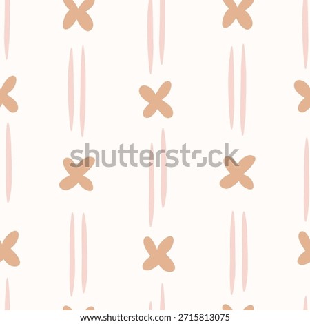 Simple x shaped four petal flowers with parallel lines, forming a minimalist floral stripes pattern in colors of brown and pink on beige background. Abstract seamless vector pattern. Great for home decor, fabric, wallpaper, gift wrap, stationery, packaging design projects.
