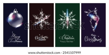 Simple Xmas designs with typography and shiny crystal balls and snowflakes. Trendy vector hand drawn illustration for social media stories. Set of 4 story or reel designs for Christmas posts.