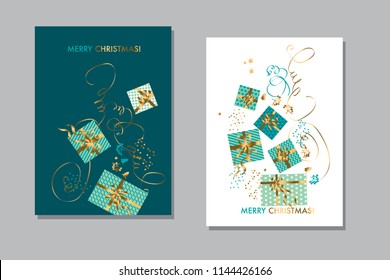 Simple xmas gift box element for header, card, invitation, poster, cover and other web and print design. Gold and green luxury celebration motive. stock vector illustration
