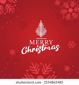 Simple xmas tree and white snowflakes decorations on red background, festive christmas card, for social media graphics.