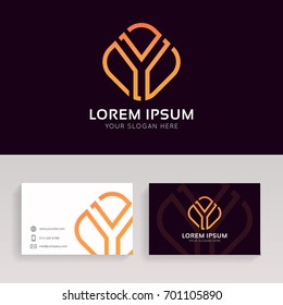 Simple Y letter logo linear rhombus sign vector design with brand business card.