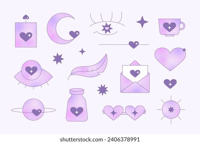 Simple Y2K groovy blurred gragient elements set. Holographic valentines day vector illustrations.